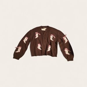 Francesca's Collections Brown Cardigan with Pink Bow Boot Patches